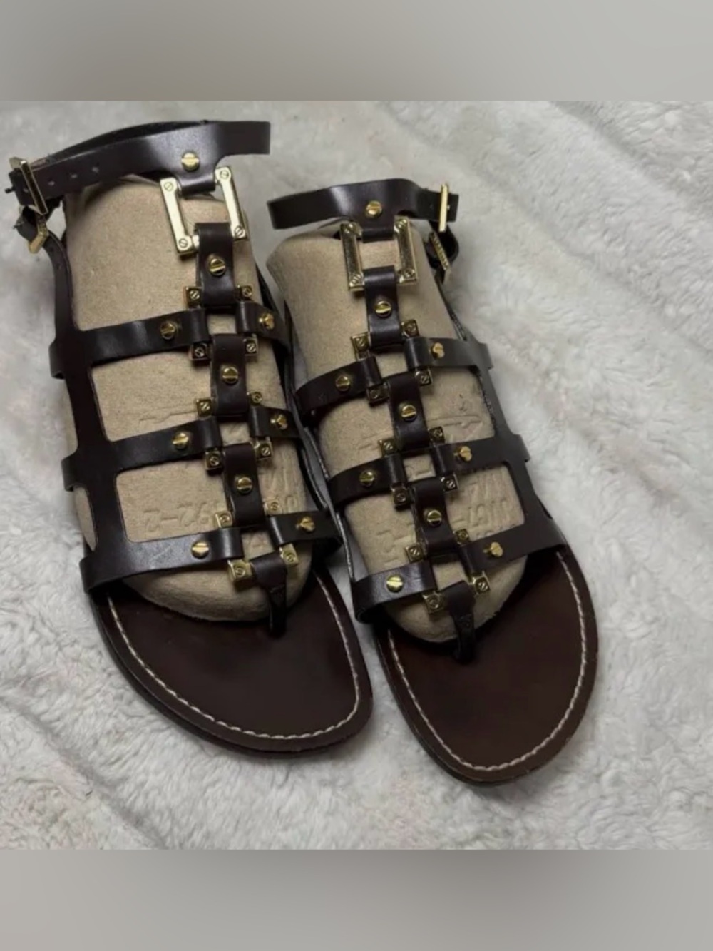 Tory Burch Dark Brown Leather Gladiator Sandals with Gold Studs